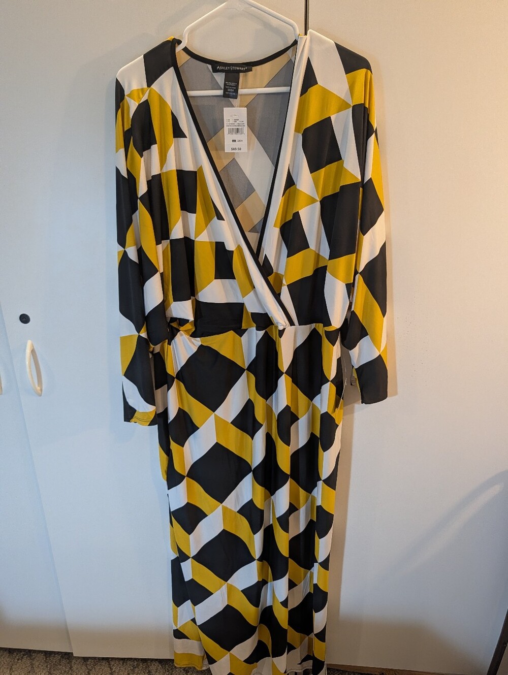 Ashley Stewart Woman's 22/24 Black Yellow White Geometric Wrap Maxi Dress NWT